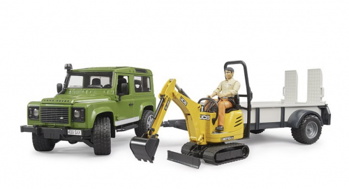 Land Rover Defender Station Wagon mit Einachsanhänger, JCB Mikrobagger 8010 CTS und Bauarbeiter