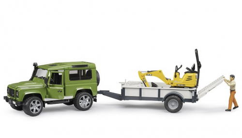 Land Rover Defender Station Wagon mit Einachsanhänger, JCB Mikrobagger 8010 CTS und Bauarbeiter