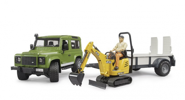 Land Rover Defender Station Wagon mit Einachsanhänger, JCB Mikrobagger 8010 CTS und Bauarbeiter